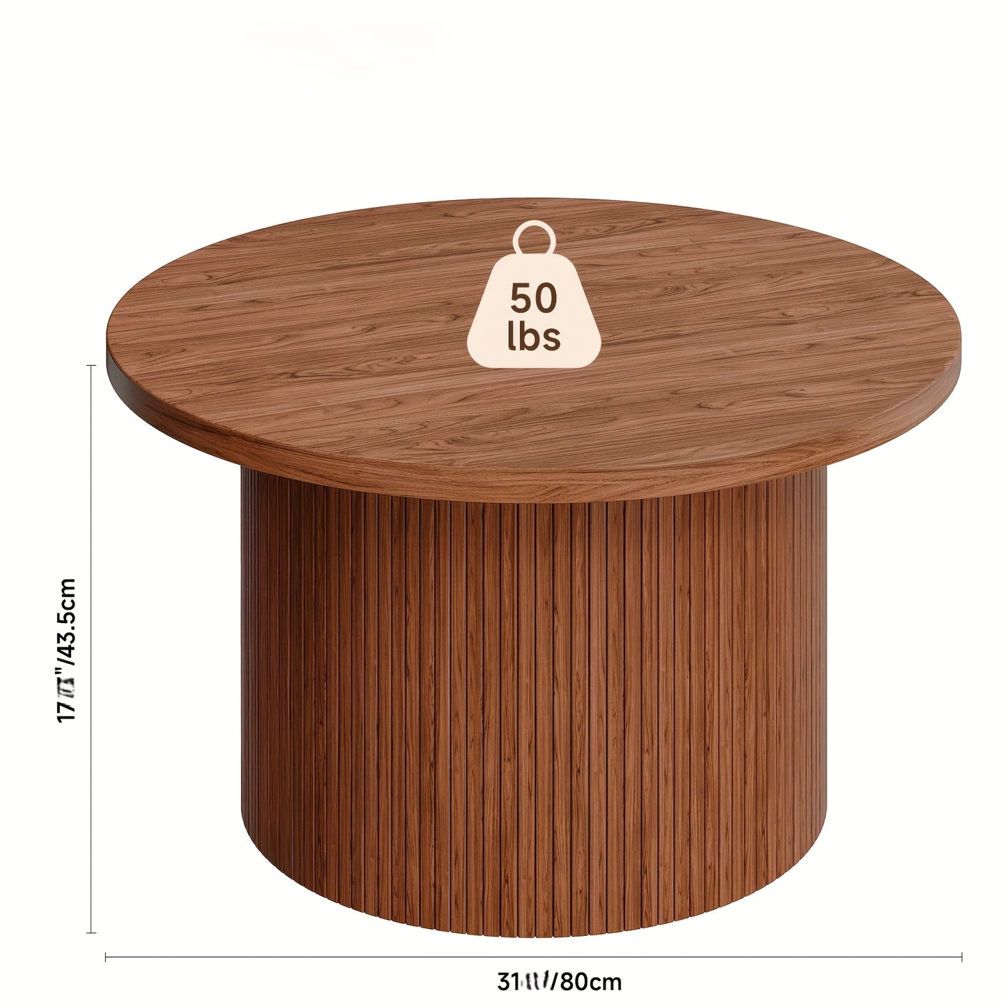 31.5” Round Farmhouse Coffee Table – Wood Center Table with Storage & Roll Pads