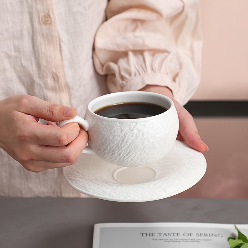 Single Set Vintage Matte Stone-Patterned Ceramic Coffee Cup & Saucer | Exquisite Latte Art Cup for Home & Café, Elegant Afternoon Tea Gift, Non-Slip, Hand Wash Only