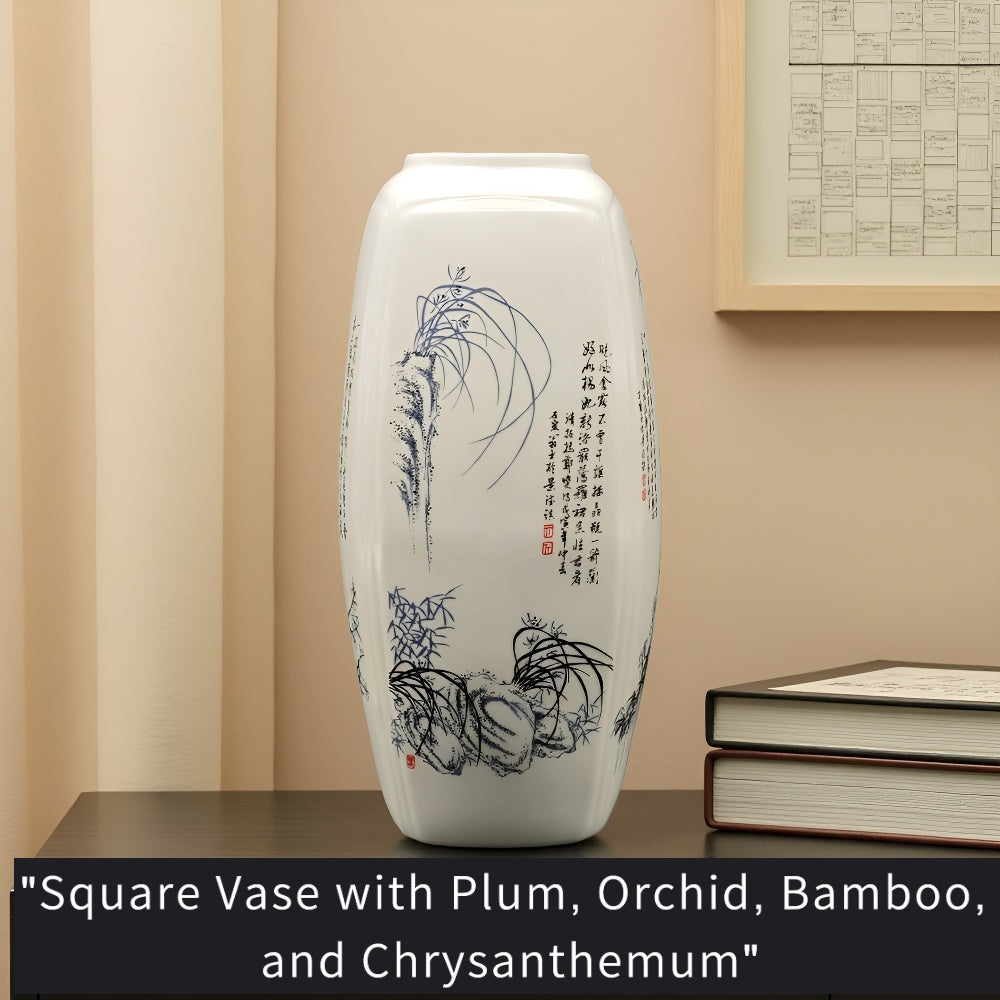 Modern Vase, 12.6inch Ceramic Vase for Home Decor, Flowers, Hydroponic Plants, Wedding, Centerpiece, St Patrick's Day, Easter, Spring Decor, Designer Recommended.Square Ceramic Vase Decorated with the "Four Gentlemen"(Plum, O