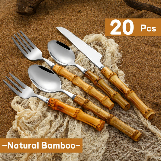 20pcs Bamboo-Handled Stainless Steel Flatware Set: Perfect for Outdoor, Everyday Use, and Gatherings - Suitable for 4 People - Dishwasher Safe - Ideal Wedding, Thanksgiving, Christmas, Valentine's Day, Eid Al-Fitr (Ramadan) G