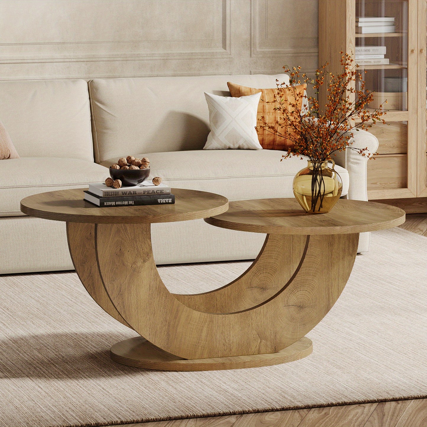 2-Tier Round Farmhouse Coffee Table – Natural Wood Accent Center Table