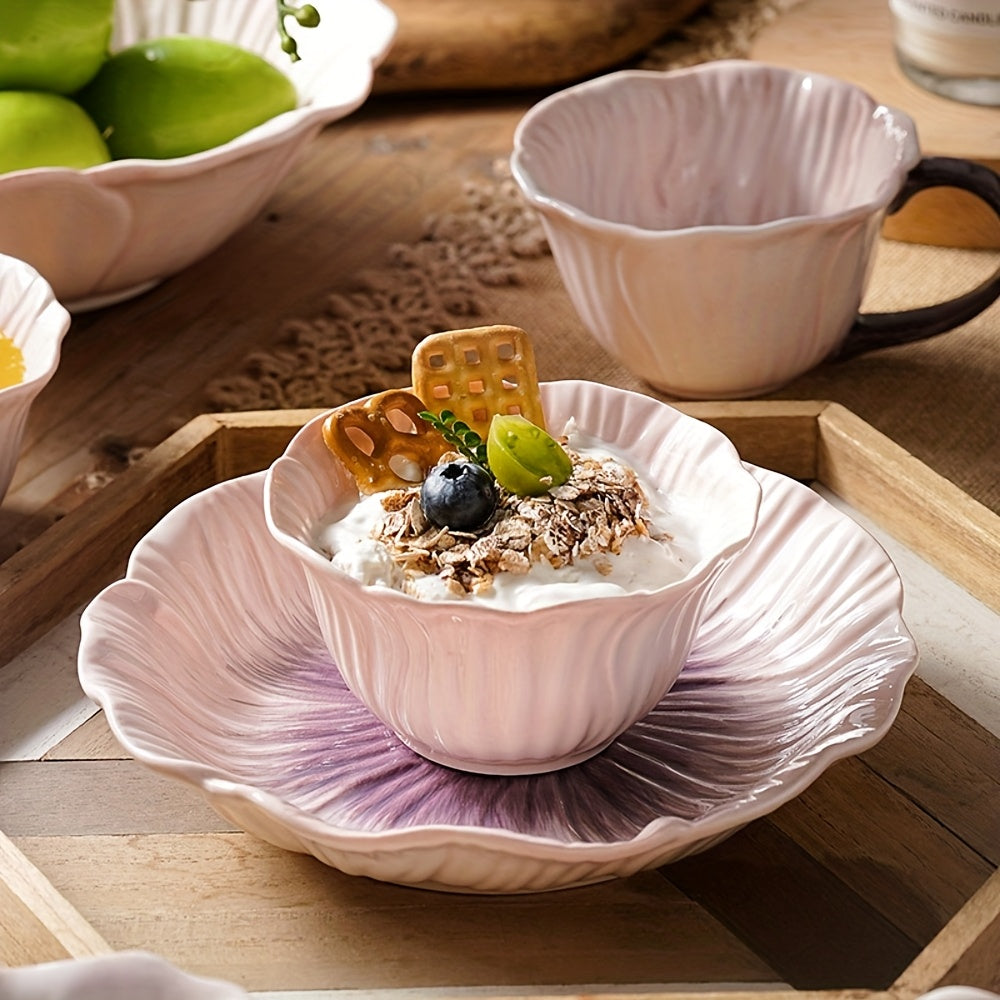 Purple Petal-Shaped Ceramic Tableware Set – Decorative Floral-Inspired Design