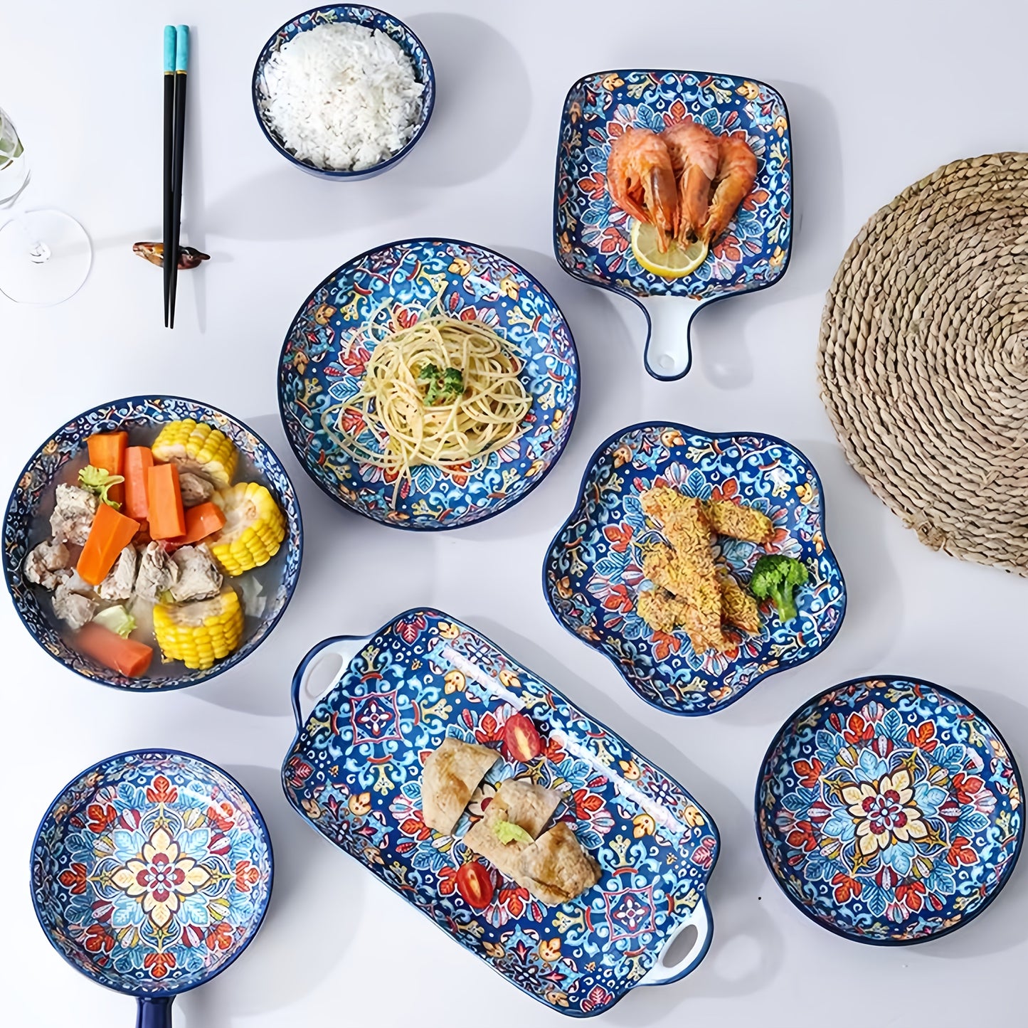 Bohemian Floral Ceramic Dinnerware Set (9-Piece) – Vintage Print Tableware