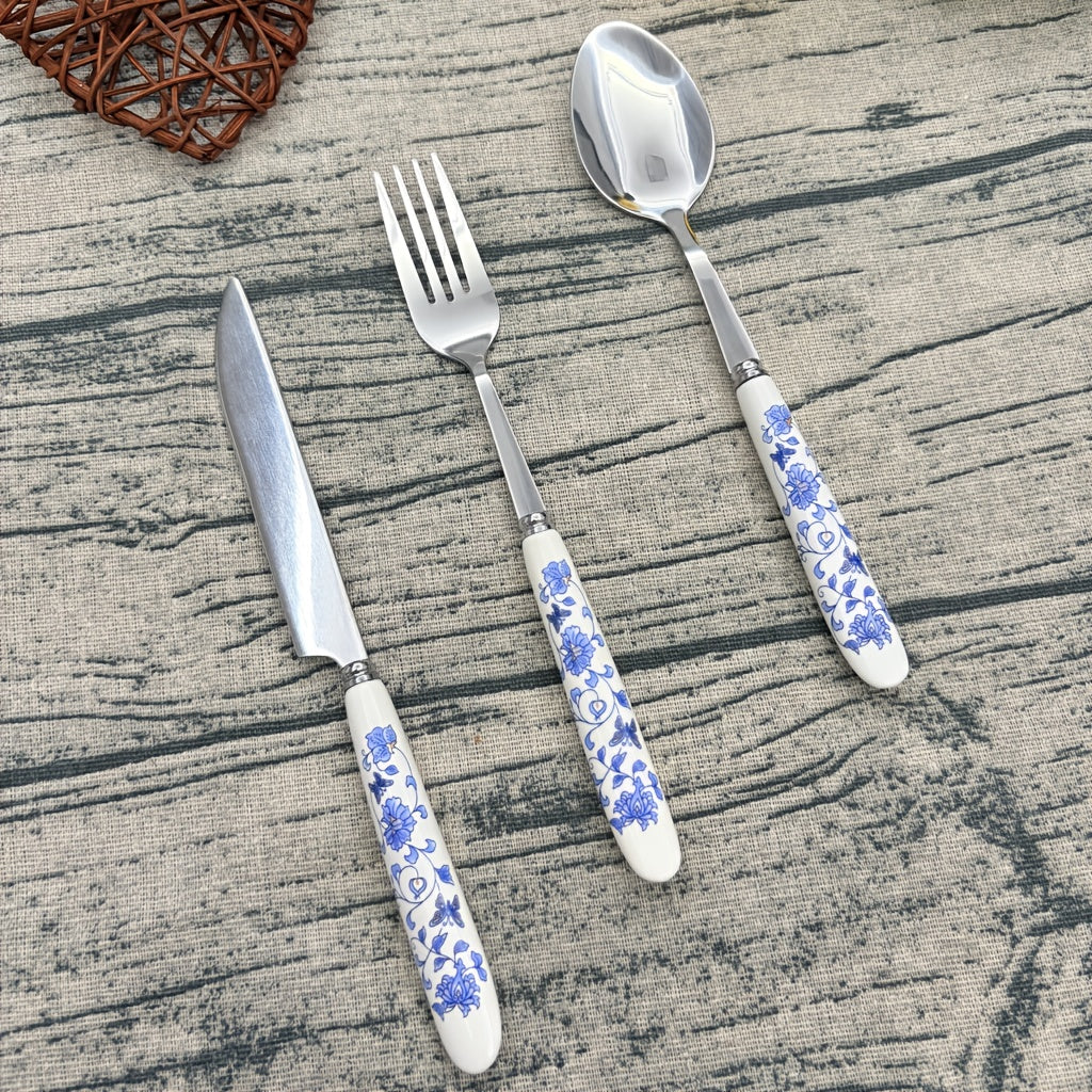 5/25pcs And Ceramic-Handle Stainless Steel Tableware | Includes Dinner, Fork, Spoon, And Dessert Spoon, Ideal For Home, Kitchen, And Restaurant Use