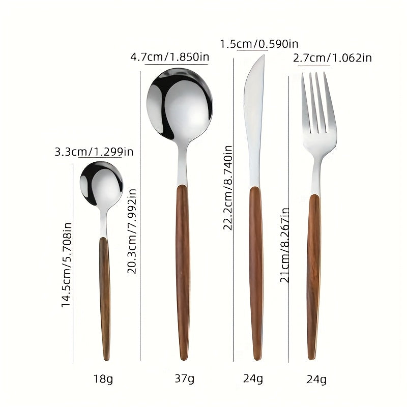 A 12pcs Silverware Set Designed for Three People, Featuring a Polished Stainless Steel Cutlery Set with a silvery Mirror End And Wooden Effect Handles, Suitable for Home, Hotels, And Restaurants. The Set Includes Knives, Fork