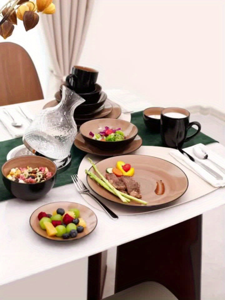 Hand-Brushed Square Stoneware Dinnerware Set (16-Piece) – Black Trim Plates & Bowls for 4