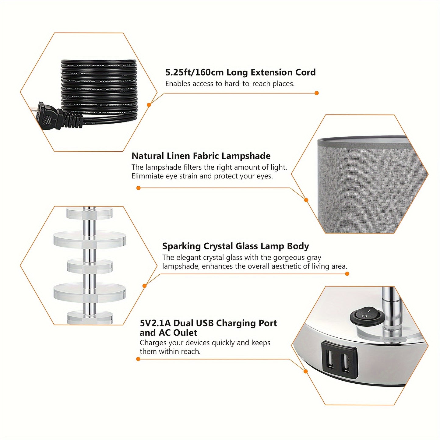 USB Table Lamps Set Of 2, Crystal Bedside Nightstand Lamps with 2 USB Ports, Desk Lamps with Gray Fabric Shade for Bedroom Living Room Office College Dorm