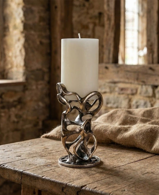 Gold Electro-Formed Sculptural Swirl Pillar Candle Holder Modern Artistic Home Accent Metal Decor