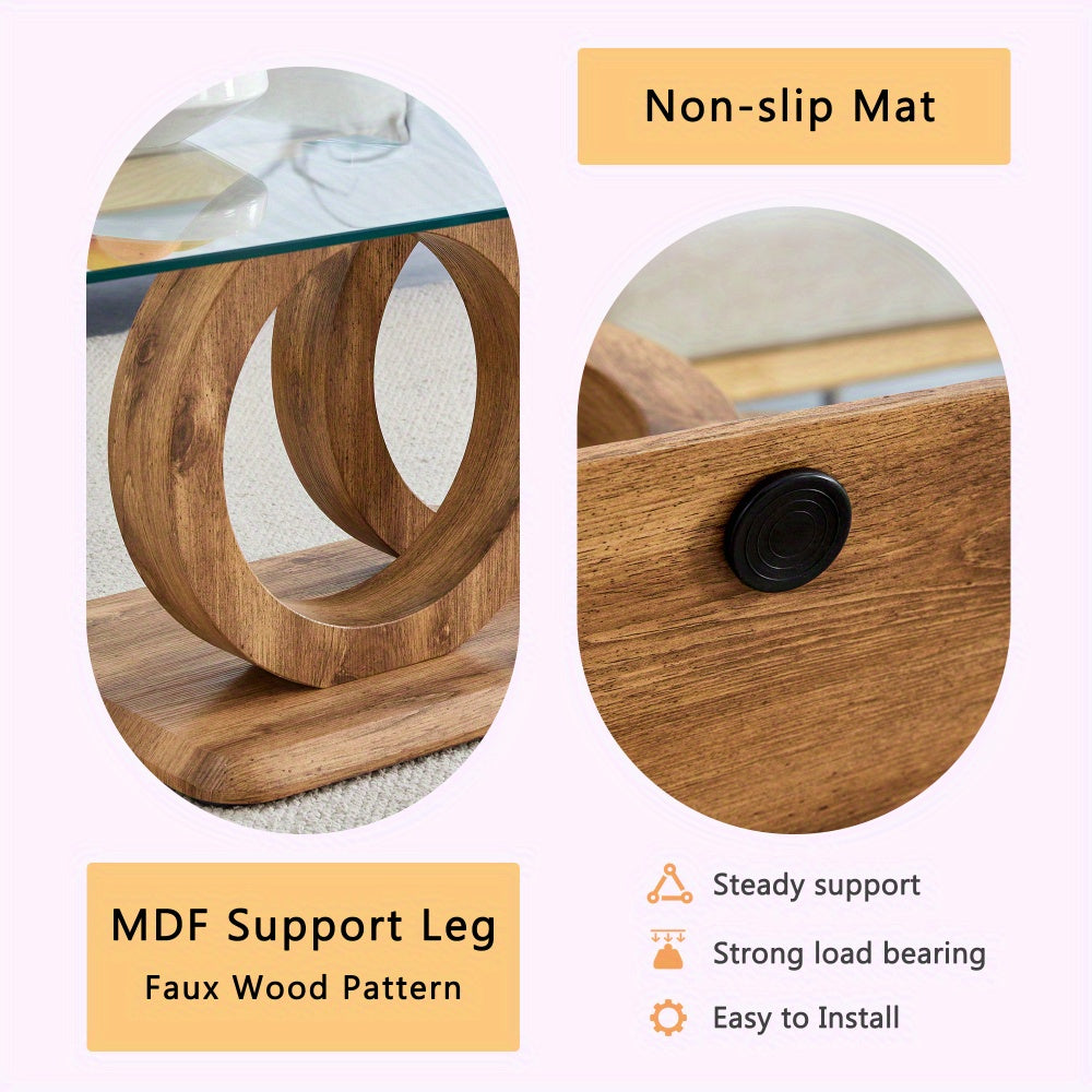 Modern Glass Top Coffee Table – Natural Wood Base Center Table (47.2")