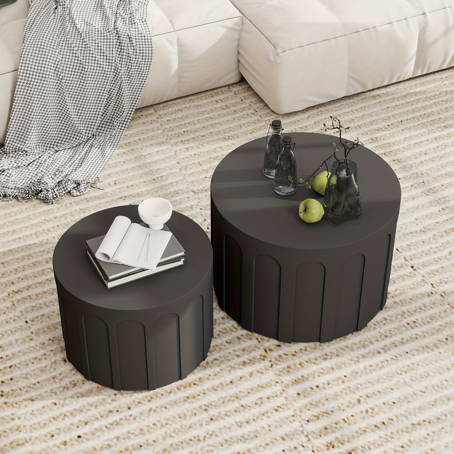 Modern Nesting Coffee Table Set of 2 – Arched Fluted Oak & Birch Tables