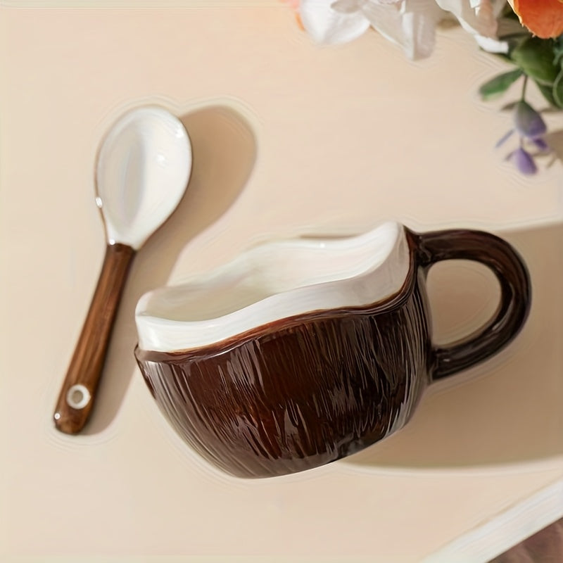 A Ceramic Coffee Mug Designed Like a Coconut Shell, Complete with a Spoon. This Novelty Tropical Mug Is Perfect for Afternoon Tea, Yogurt, And Fruit. It Is Safe for Both The Dishwasher And Microwave