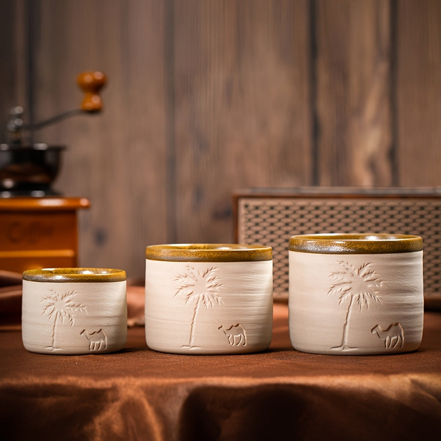1pc YUMIPLUS Hand-Carved Desert Camel & Arabic Stoneware Coffee Cup - Ceramic Espresso, Tea, and Hot Beverage Vessel Suitable for Latte, Cappuccino, Cocoa - Middle Eastern