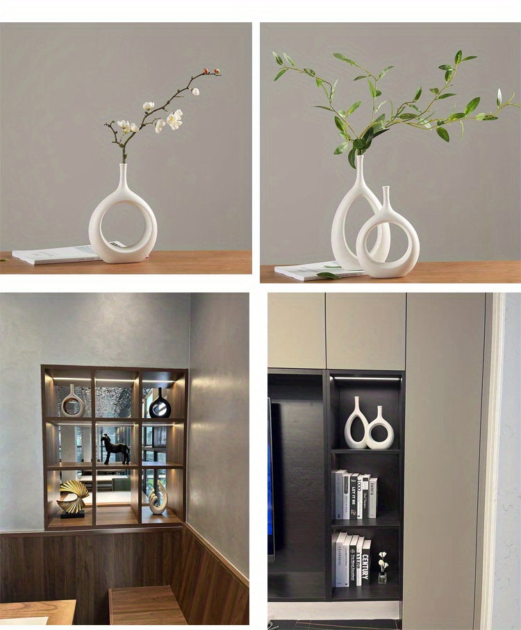 2pcs Ceramic Flower Vase, Hollow Oval Vase For Home Décor Office Decoration, Modern Geometric Vases Figurines Ornament For Living Room Bedroom Dining Table