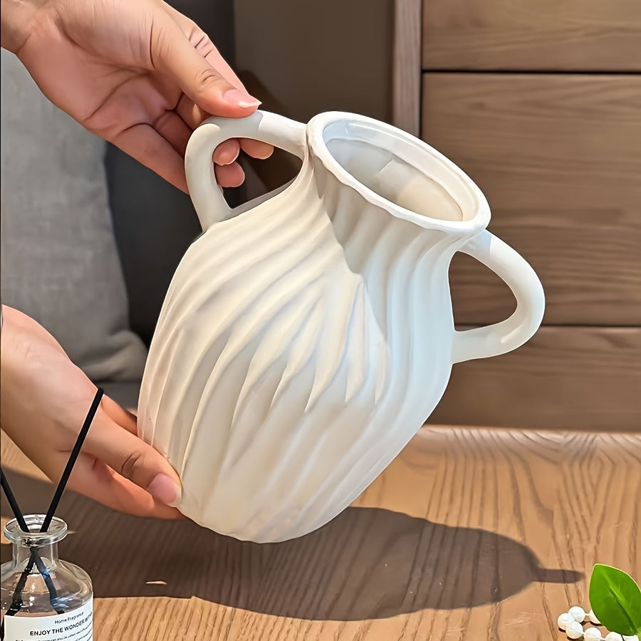 Bohemian Woven-Style Plastic Vase Suitable for Home Decor - Minimalist Striped White Round Cylindrical Vase with Woven Texture, Modern Centerpiece for Wedding Table, Housewarming Gift, Office Desk Arrangement, Plastic Flower