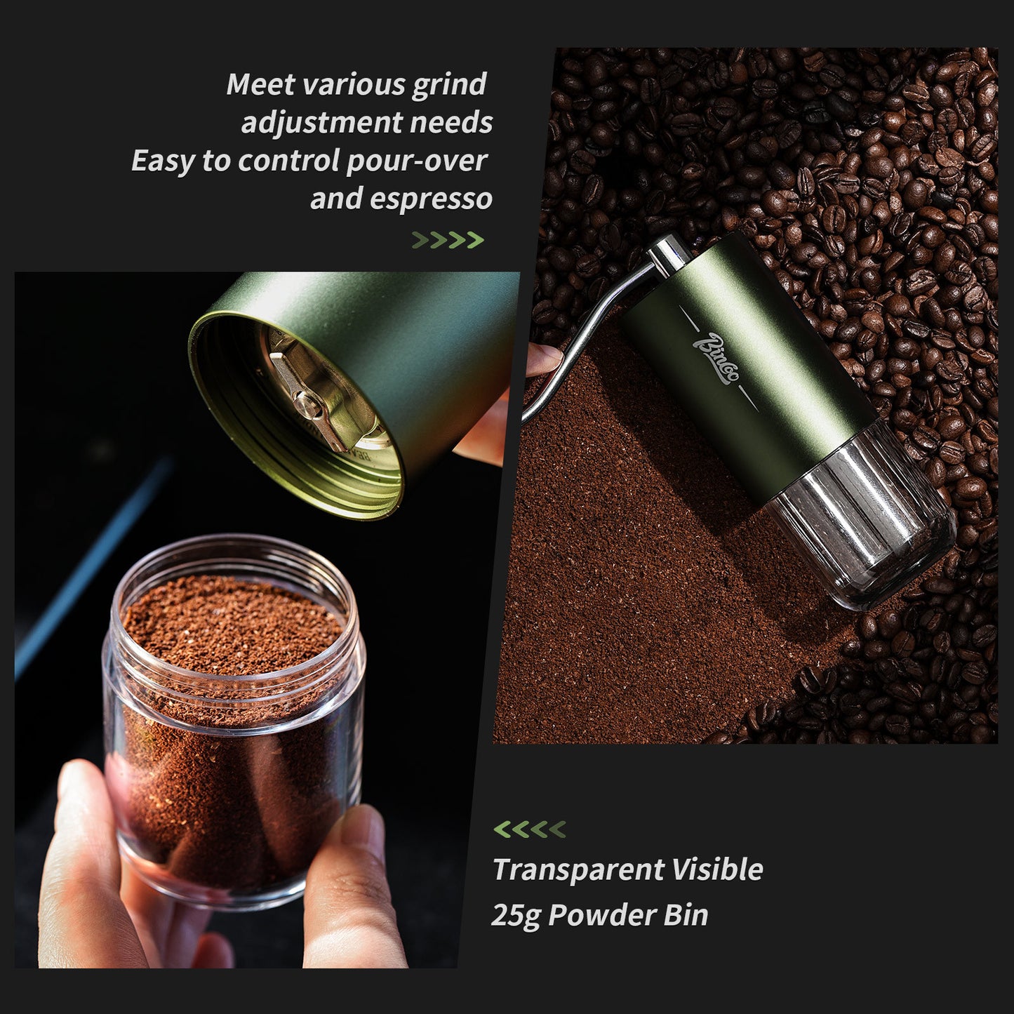 Bincoo Phantom Series Manual Coffee Grinder Featuring 6 Star Steel Burrs, a Portable Hand Crank Mill with Adjustable Grind Settings Suitable for Espresso, Pour Over, French Press, And Drip Coffee, Ideal for Home, Travel, Camp