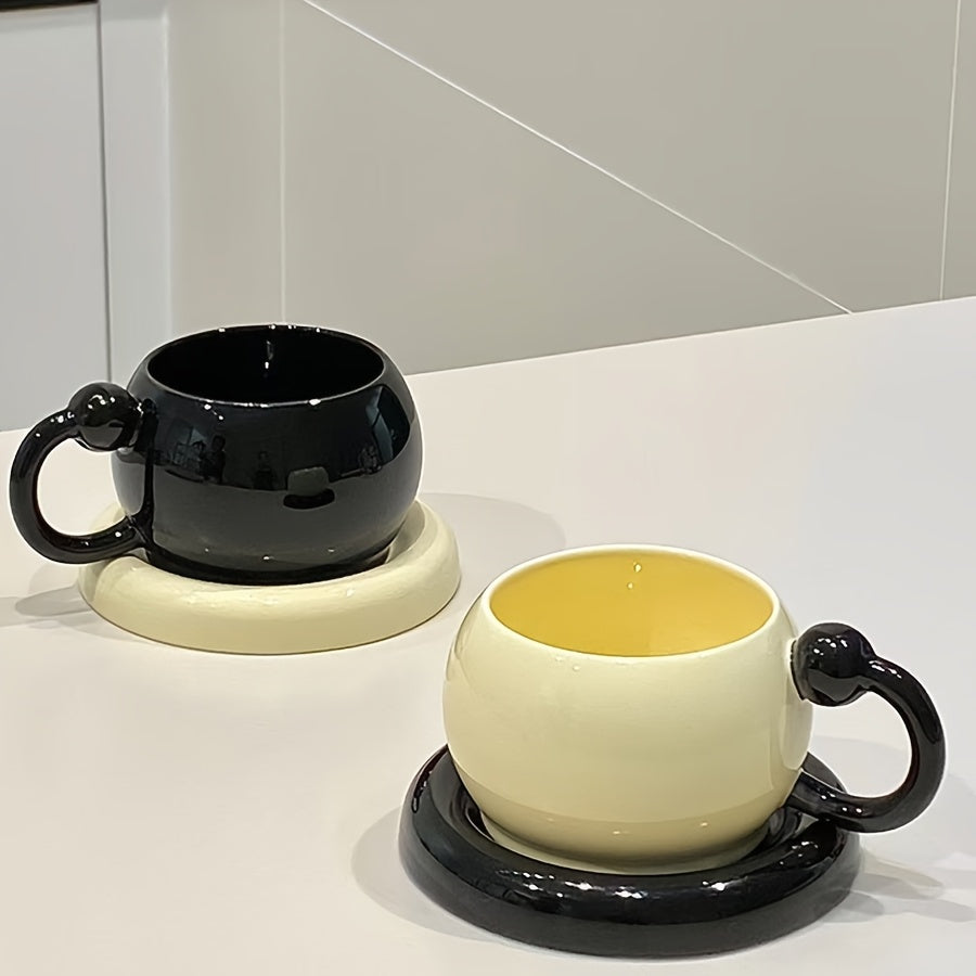 [Ceramic Mug Set] 2-Pack Black and White Ceramic Coffee Mug and Saucer Set | 6 oz Modern Minimalist Design, Durable Dishwasher Safe, Perfect for Home Kitchen, Cafe Use, Afternoon Tea, and Elegant Photo Props - FARIDABIO