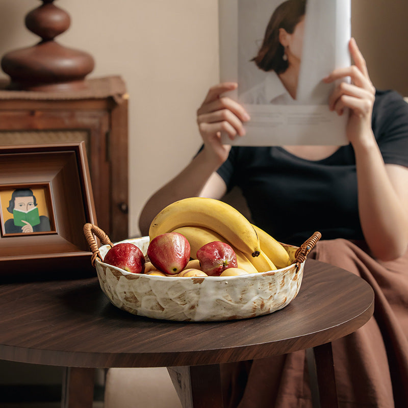 Handmade Rustic Pottery Bowl with Handles – Retro Deep Plate & Serving Bowl