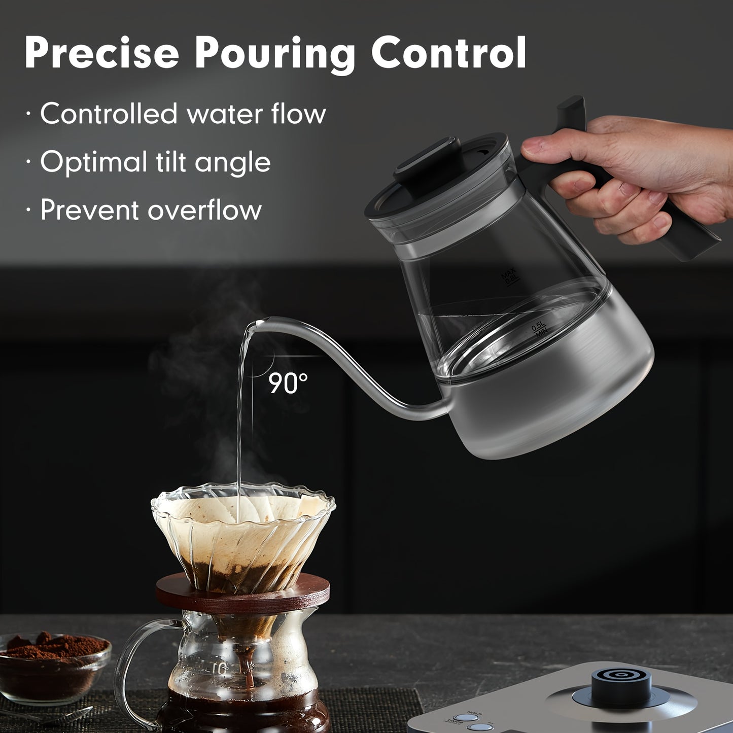Electric Gooseneck Glass Kettle with Temperature Control, 1200W Rapid Boiling Electric Kettle for Pour-Over Tea Coffee, LCD Display, 1H Keep Warm, 0.8L, Silvery