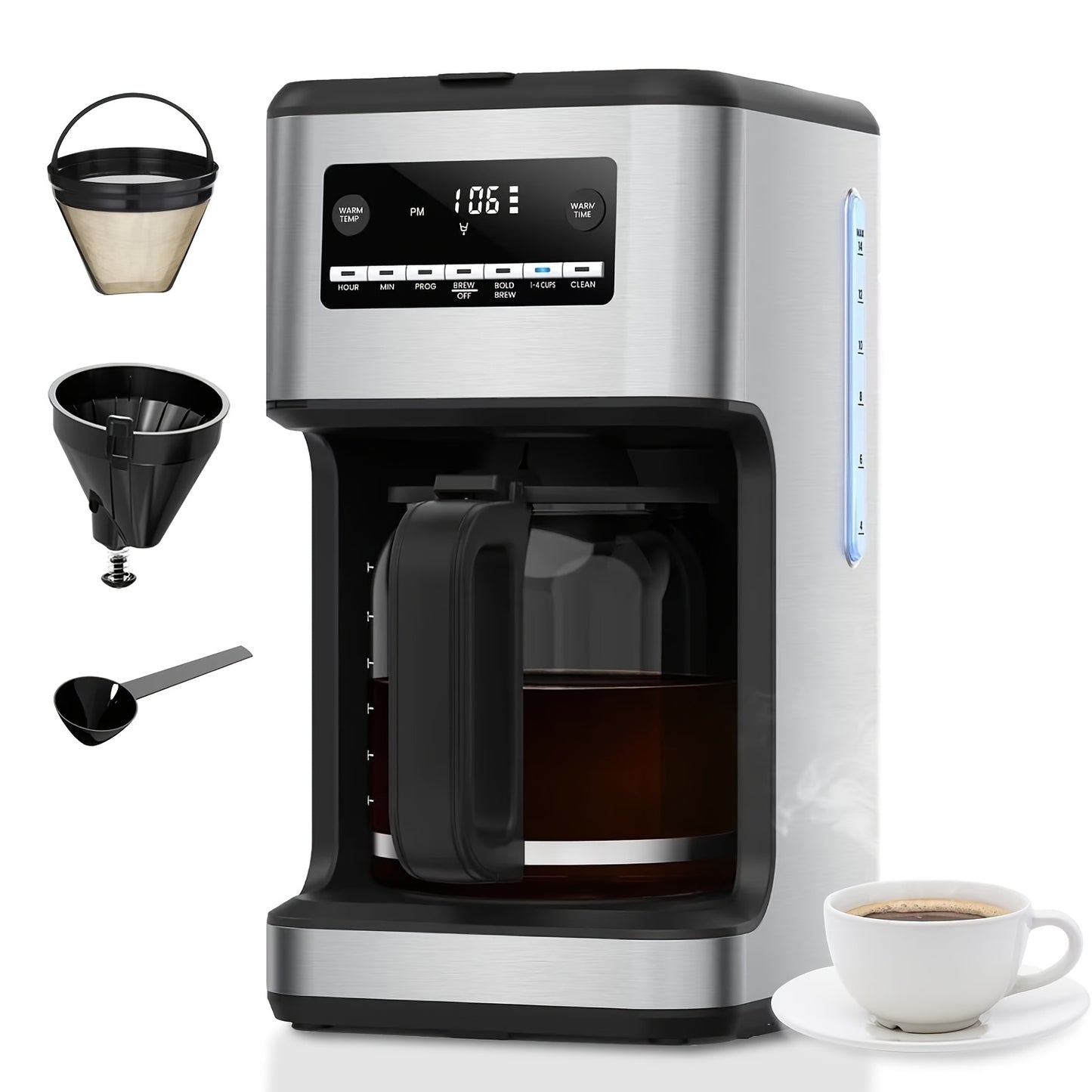 Coffee Maker, Drip Coffee Machine, 14-Cup/5-Cup Glass Carafe, 24 Hours Programmable Coffee Brewer, Keep Warm, Washable Filter, Stainless Steel, Silver/Black