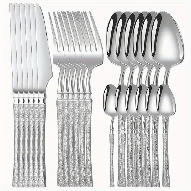 4/16/24pcs Set - Essential silvery Stainless Steel Cutlery Set with Tree-Patterned Handles, High-Quality Knives, Forks, And Spoons, Suitable for Weddings, Hotels, Restaurants, And Festive Occasions