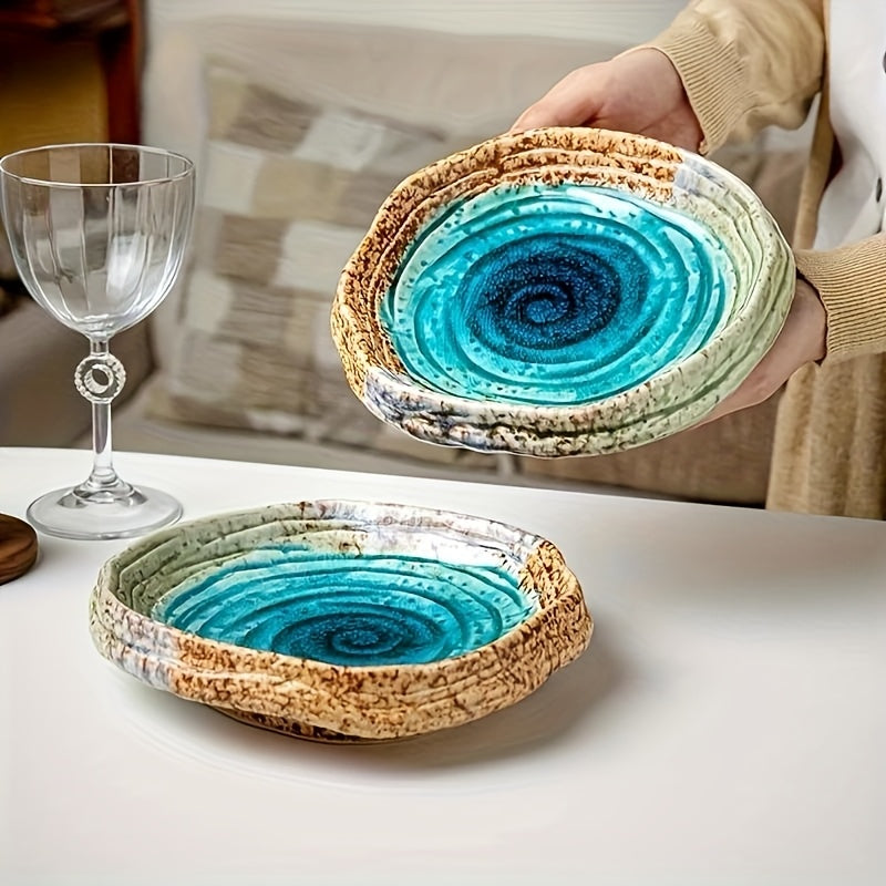 Handmade Irregular Ceramic Plate Set (2-Piece, 7") – Spiral Texture Serving Plates
