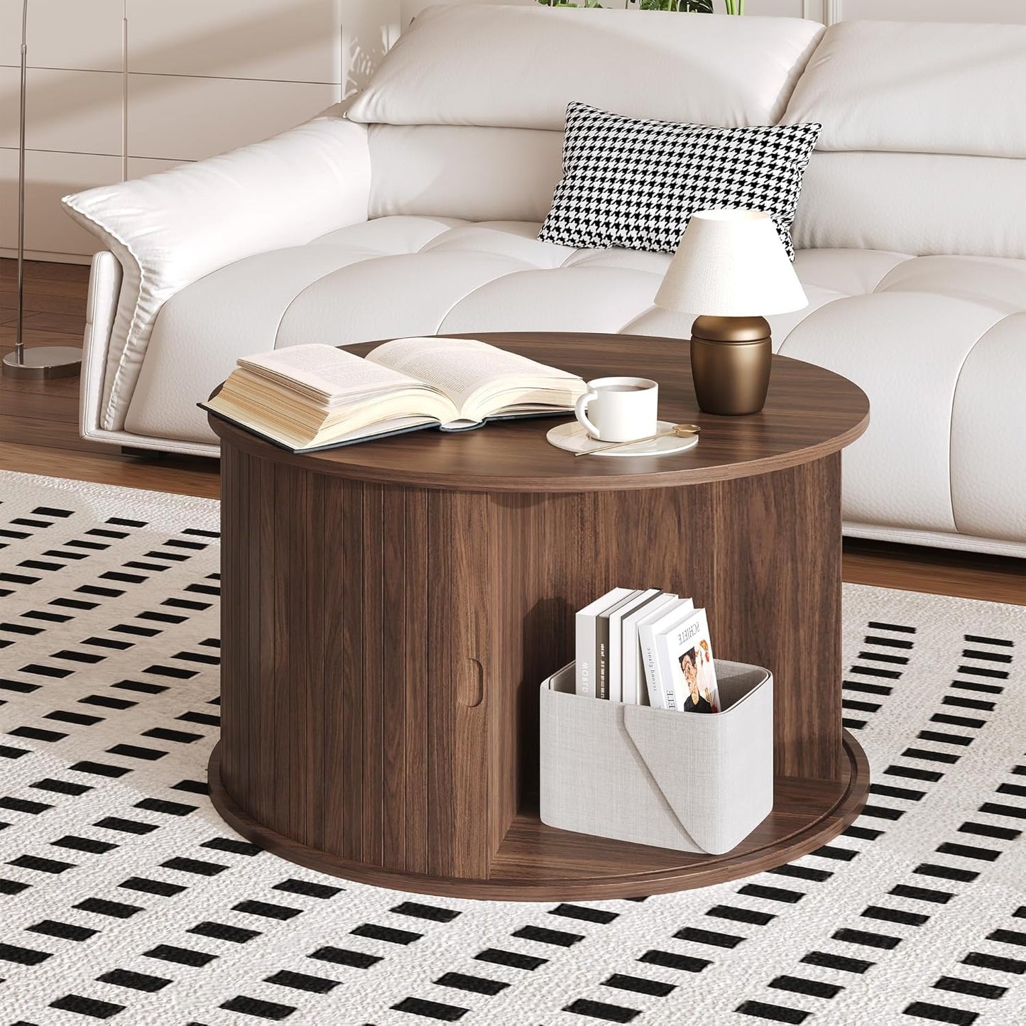 28” Round Coffee Table with Storage – Modern Fluted Accent Table with Sliding Tambour Door