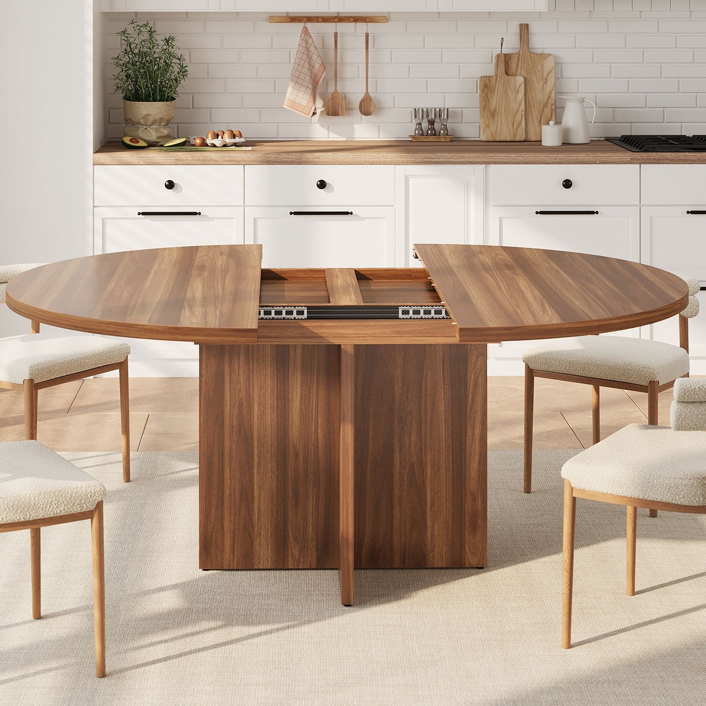 Extendable Round Dining Table – 43.3” to 59” Walnut Space-Saving Kitchen & Dining Table