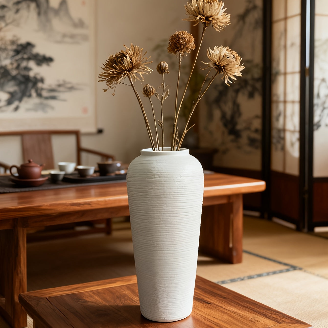 Modern Bohemian Minimalist Hard Plastic Vase - Cylindrical Ceramic-Suitable for (Compatible with) Flower Arrangements, Elegant Tall Plain Vase for Wedding, Home, Office, Decor - Durable Decorative Container