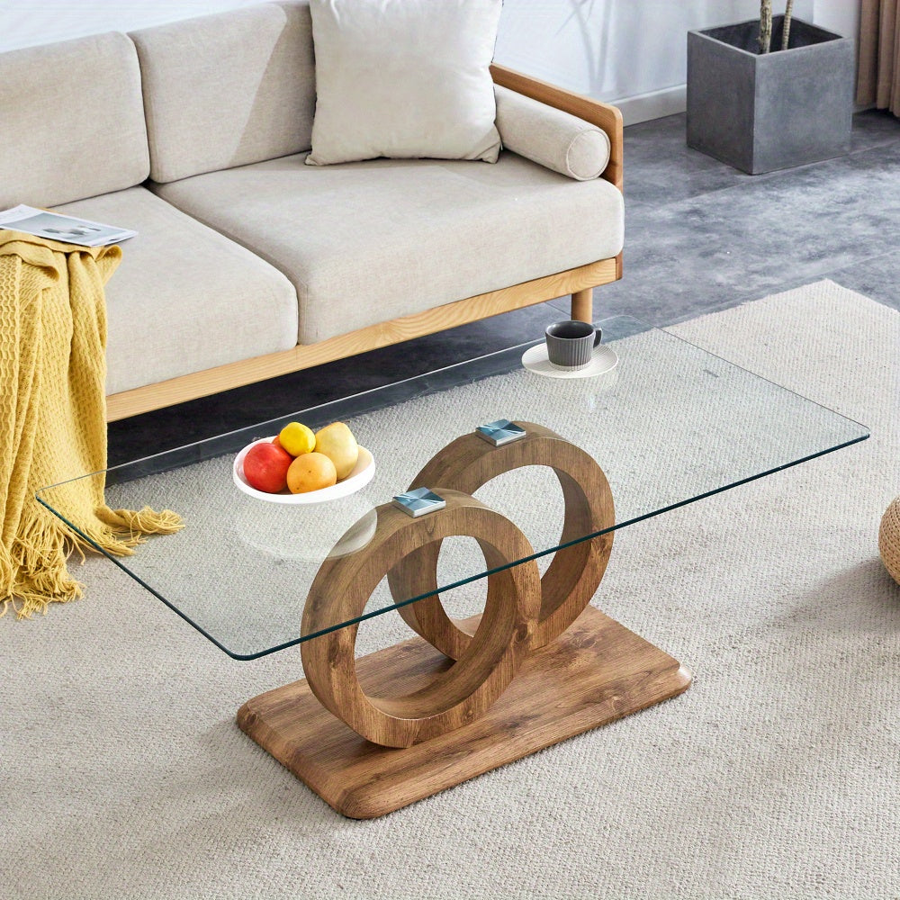Modern Glass Top Coffee Table – Natural Wood Base Center Table (47.2")