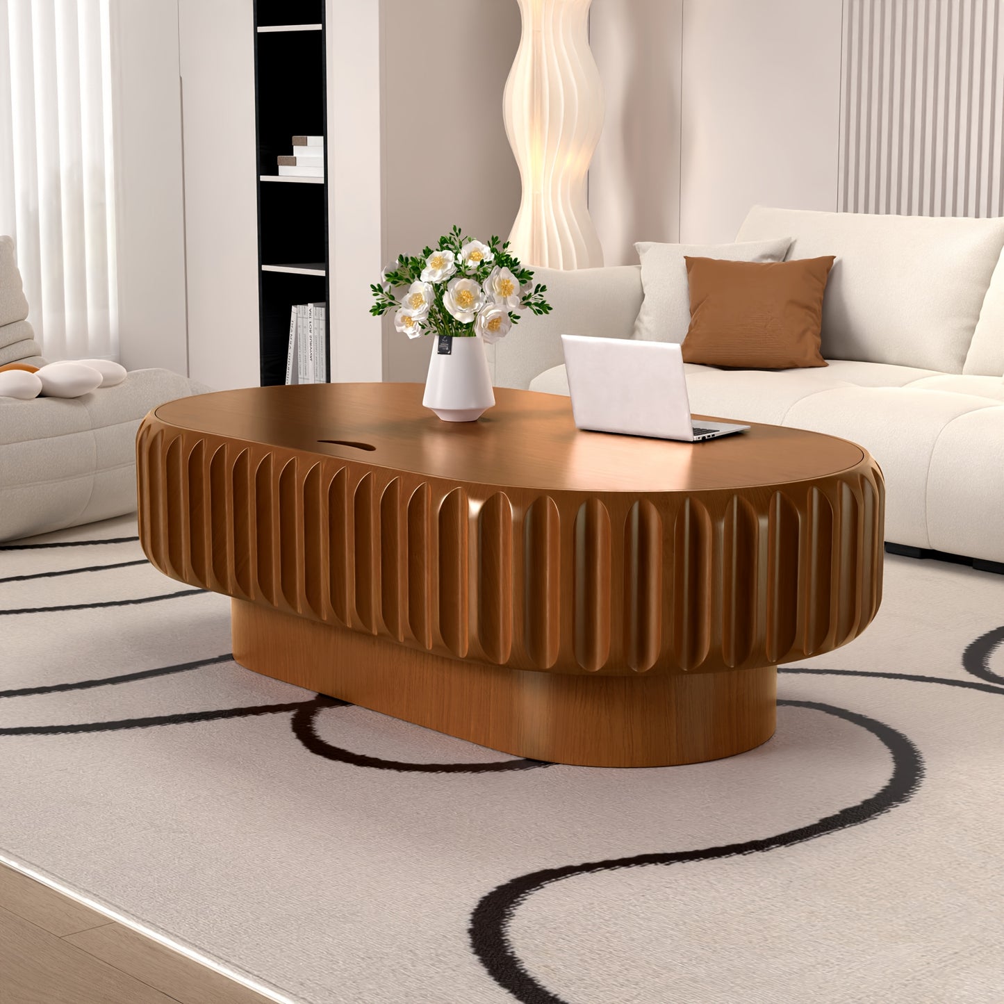 43” Oval Fluted Coffee Table with Storage – Modern Low Drum Center Table