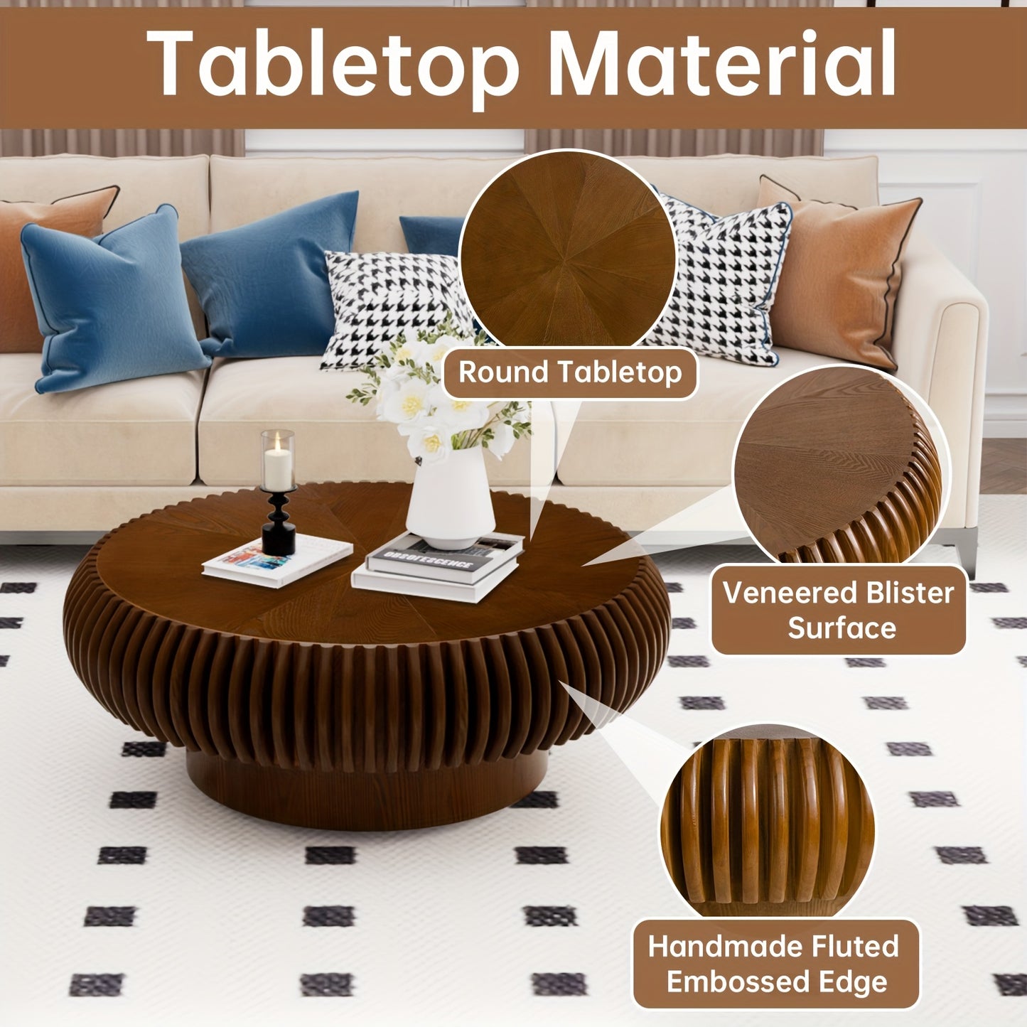 Brown Fluted Drum Coffee Table – Round Pedestal Center Table