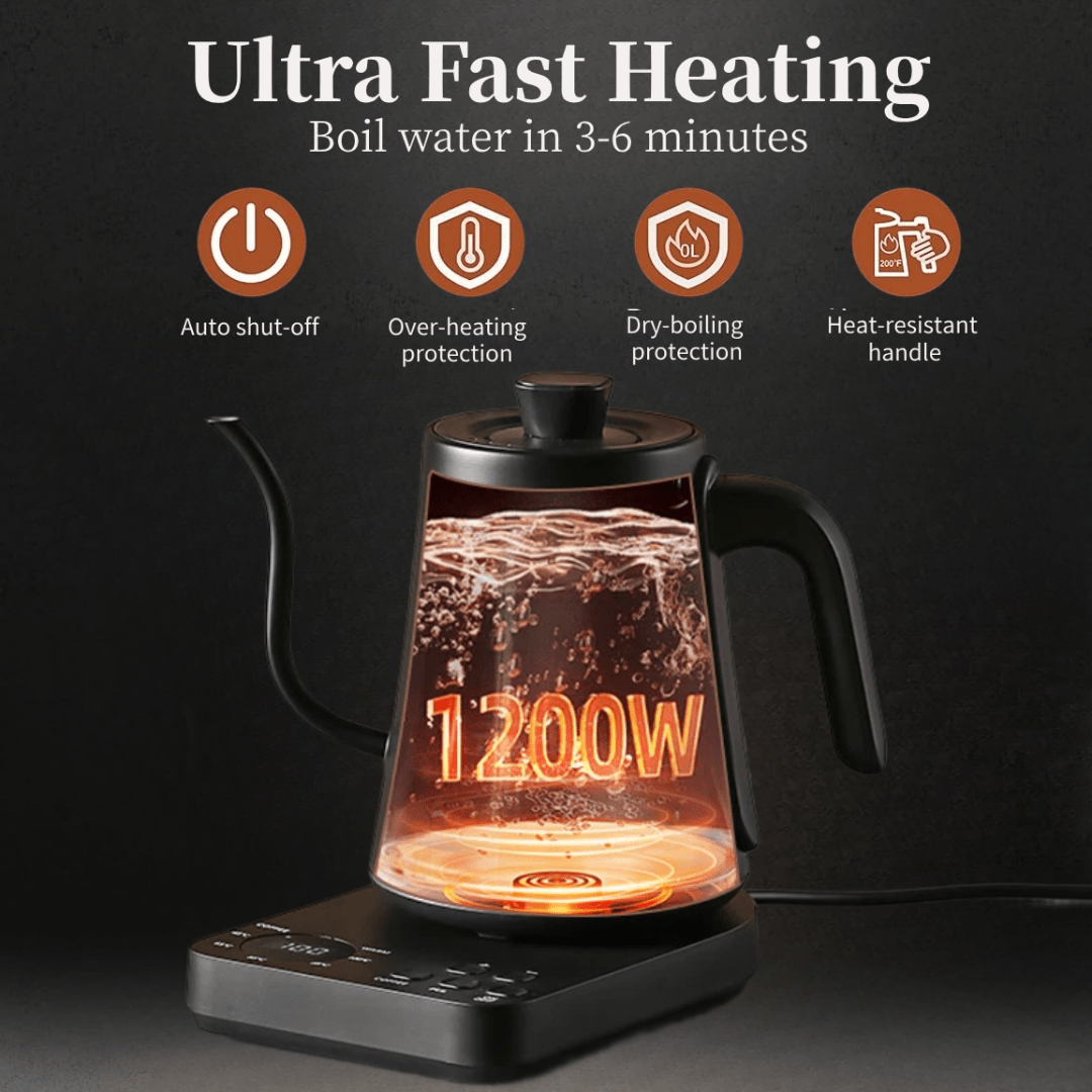 Electric Kettle Gooseneck - 304 Stainless Steel for Coffee & Tea, Anti-dry Protection, 1.0L-1200W Ultra Fast Boiling Hot Water