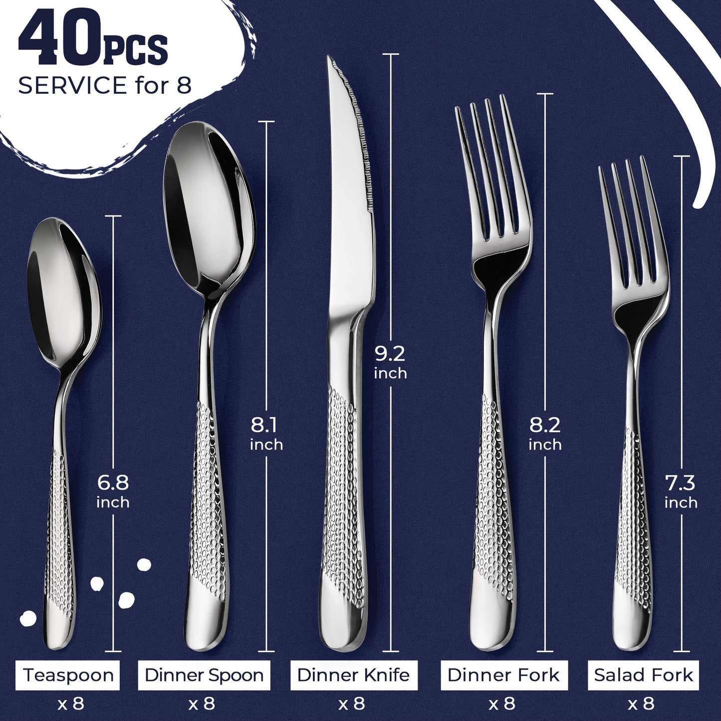 40pcs Modern Hammered Silverware Set for 8, Featuring Ultra-Sharp 2-In-1 Serrated Knife, Made of Stainless Steel, Mirror Polished, And Safe for Dishwasher Use