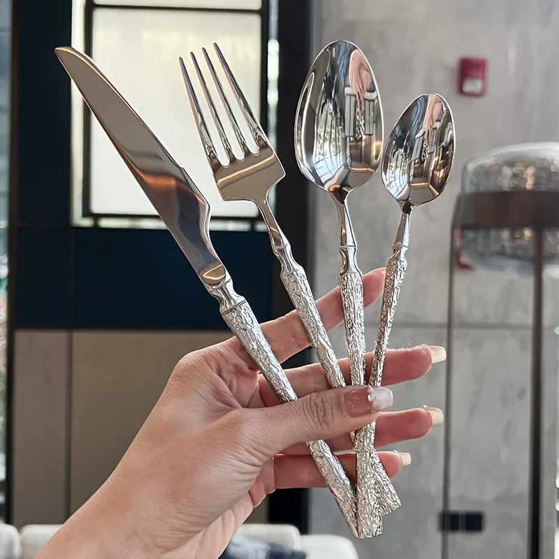 4/16/24pcs Stainless Steel Flatware Set with Vertical Pattern Handles, High-Quality Knives, Forks, and Spoons for Weddings, Hotels, Restaurants, and Holidays
