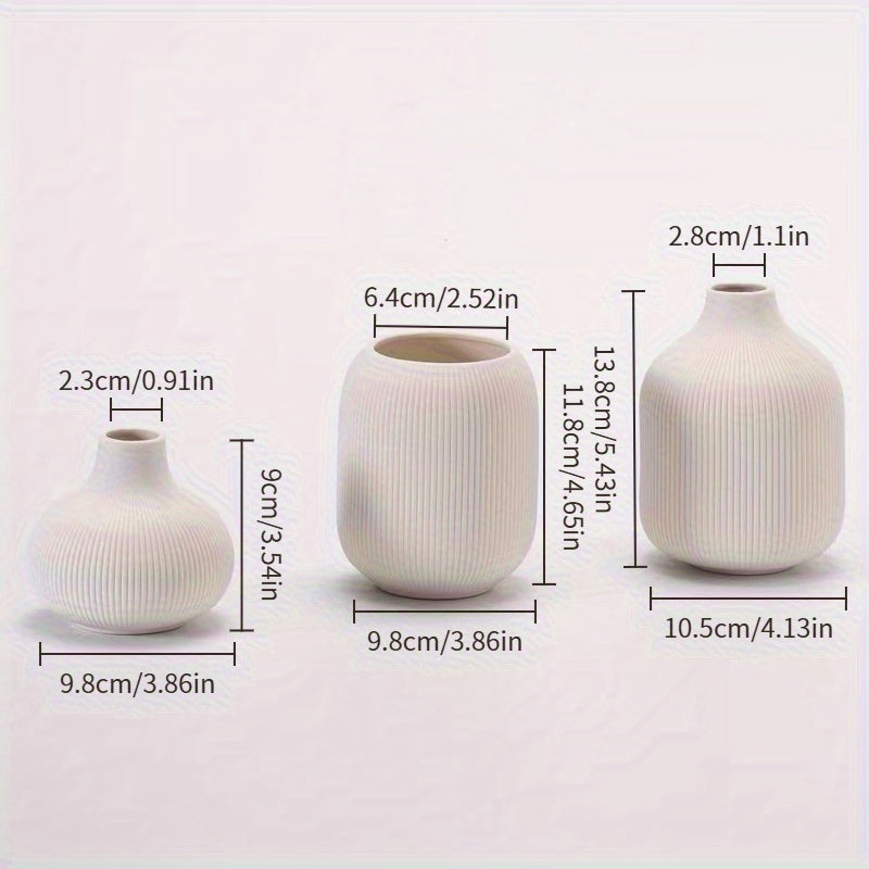 [Ceramic Vase Set] Ceramic Vase Simple European Style White Striped Unglazed Dry Flower Vase Home Decor Craft Ornament Vase Set