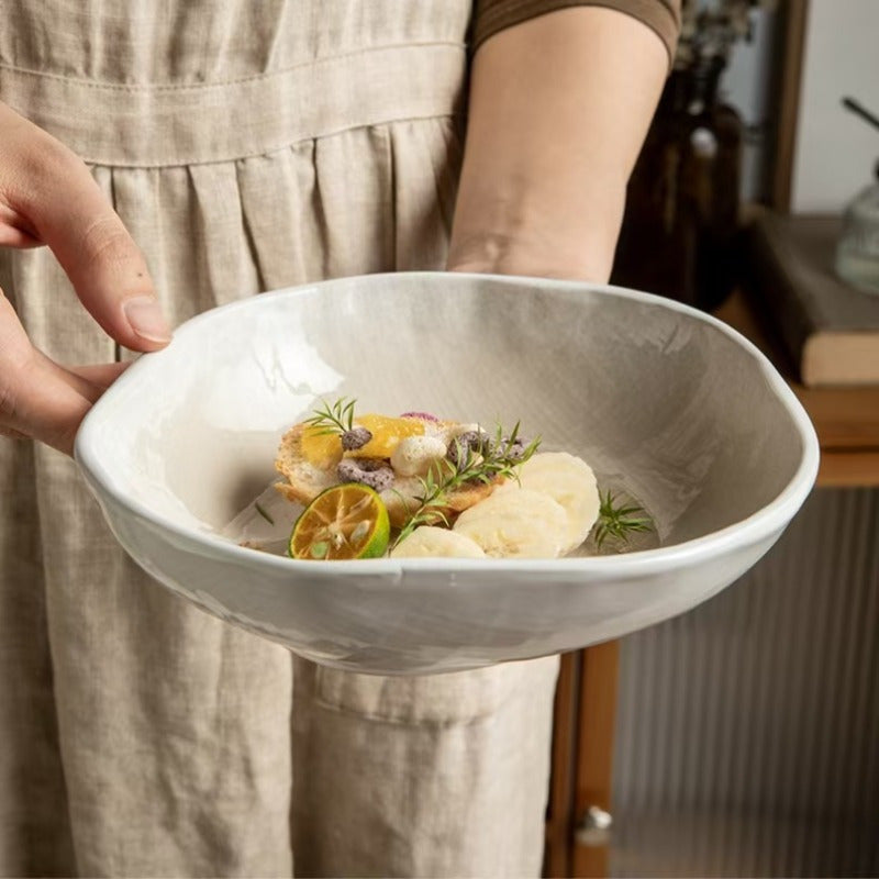 Irregular Wide-Rim Ceramic Bowl (7.5") – Glossy White Serving Dish (1 Piece)