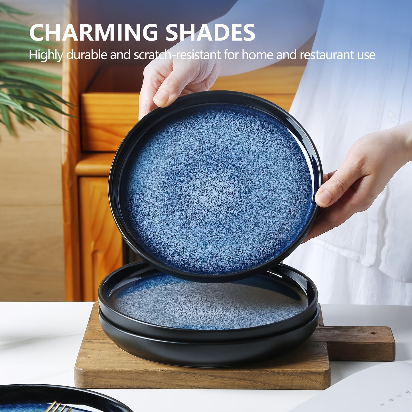 Blue Striped Reactive Glaze Dinnerware Set (16-Piece Ceramic Stoneware)