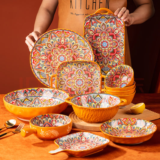 Bohemian Ceramic Tableware Set (8-Piece) – Scratch-Resistant & Microwave Safe