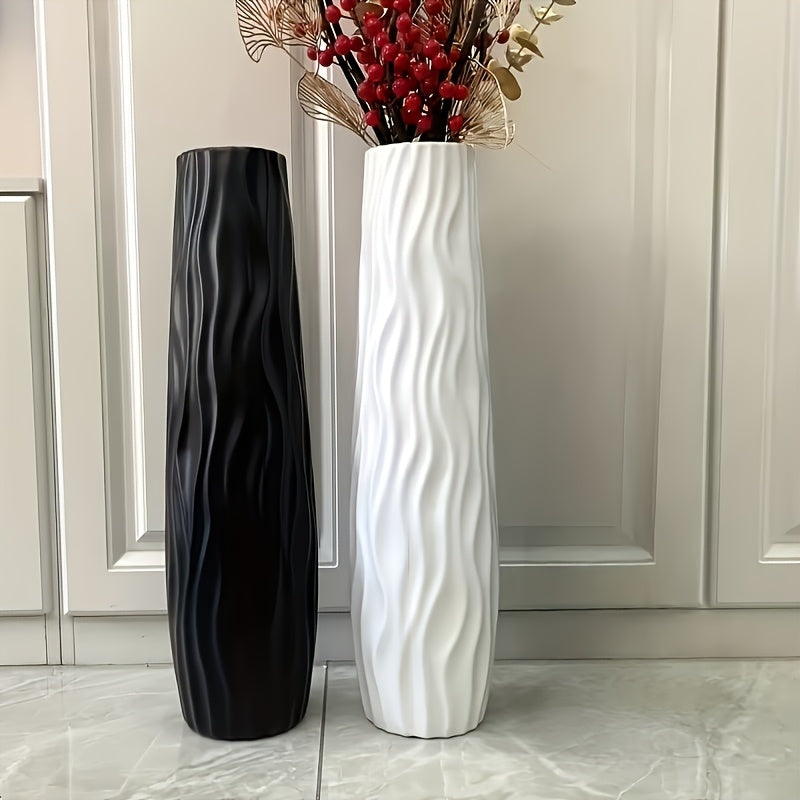 Large Durable Plastic Floor/cabinet Vase, 22.83inch High: Features a European Minimalist Modern Geometric Textured Cylinder Design, Available in White, Black, and Gray. Suitable for Hydroponic and Dried Flower Arrangements, L