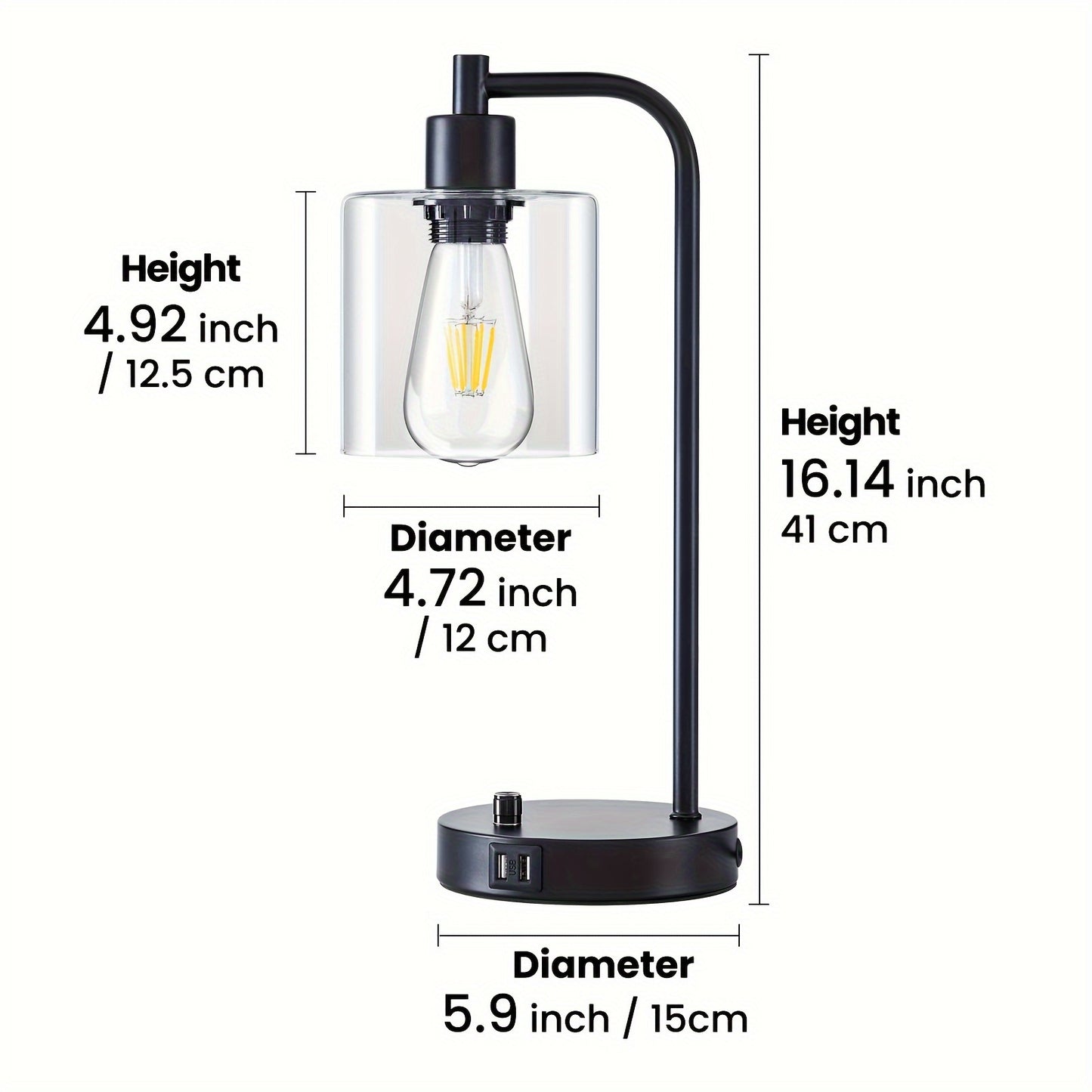Set of 2 Industrial Table Lamps with 2 USB Port, Fully Stepless Dimmable Lamps for bedrooms, Bedside Nightstand Desk Lamps with Seeded Glass Shade for Reading Living Room Office 2 LED Bulb Included