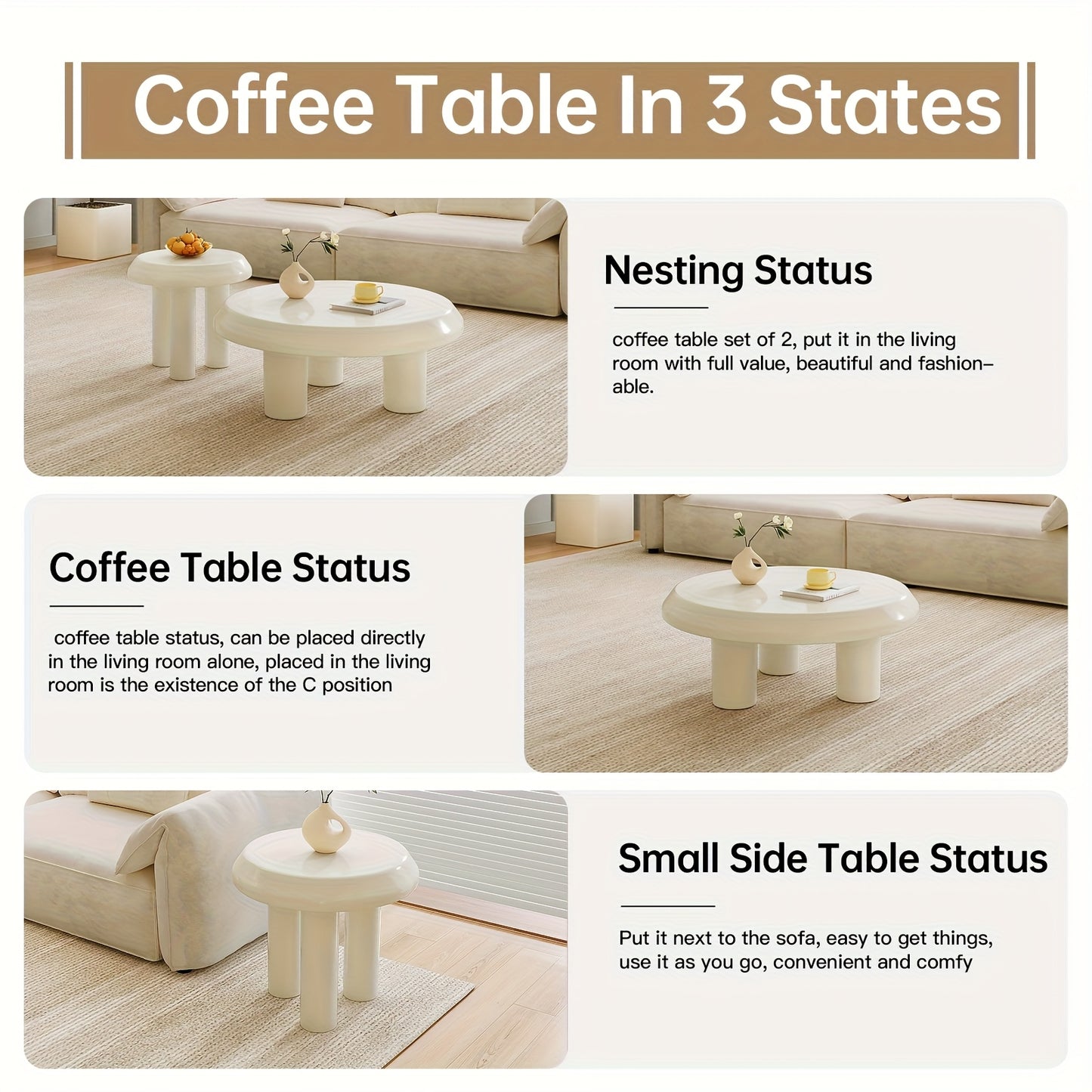 Modern Nesting Coffee Table Set – Cream White Round Tables (Set of 2)