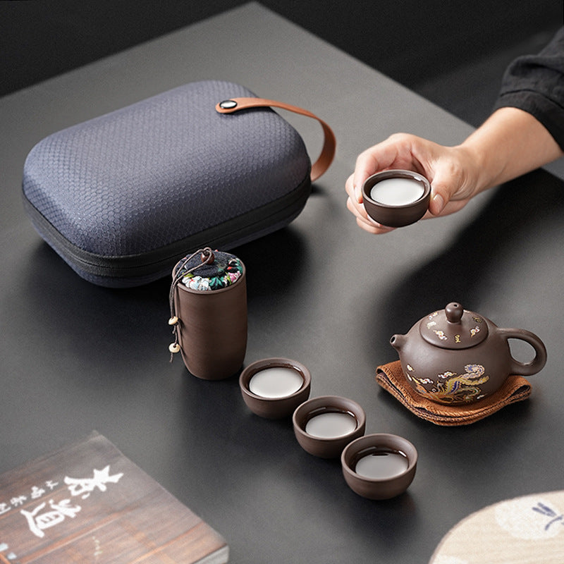 Portable Chinese Ceramic Purple Clay Tea & Coffee Set - One Pot & 4 Cups Travel Tea Suitable for, Camping, Office, Gift for, - Ceramic Tea Set with Storage Bag, Coffee/ Tea Cups