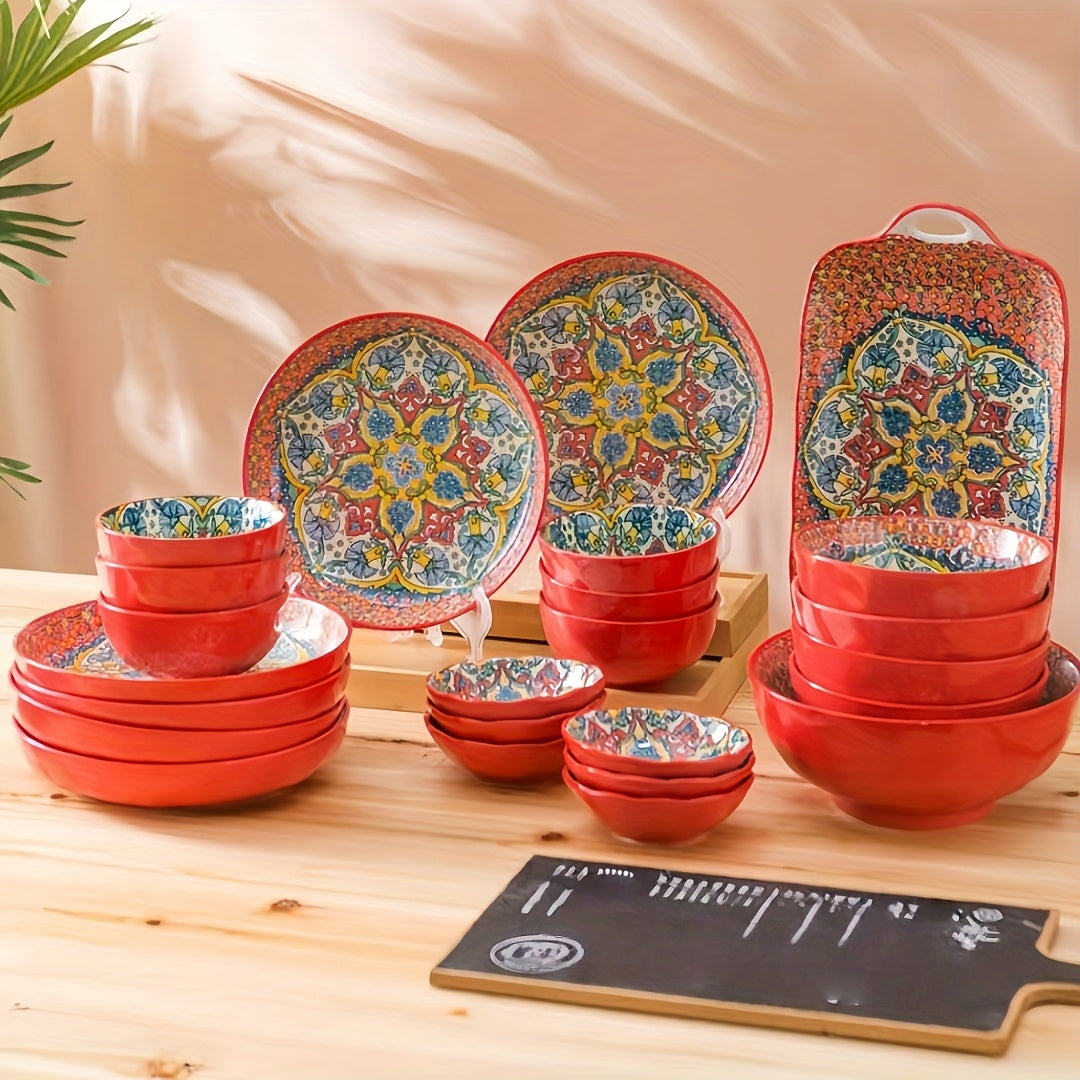 Bohemian Floral Ceramic Dinnerware Set (9-Piece) – Vintage Print Tableware