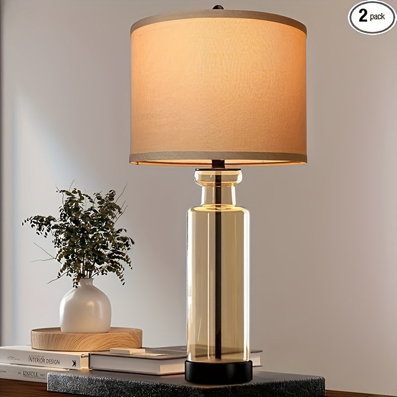 Set of 2 WIHTU Modern Glass Table Lamps - 27'' Brown Farmhouse Lamp with Linen Shade, 3 Color Temperature, USB C & A Ports, Bulbs Included, Perfect for Living Room and Bedside Nightstands