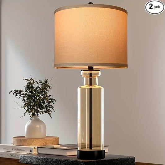 Set of 2 WIHTU Modern Glass Table Lamps - 27'' Brown Farmhouse Lamp with Linen Shade, 3 Color Temperature, USB C & A Ports, Bulbs Included, Perfect for Living Room and Bedside Nightstands