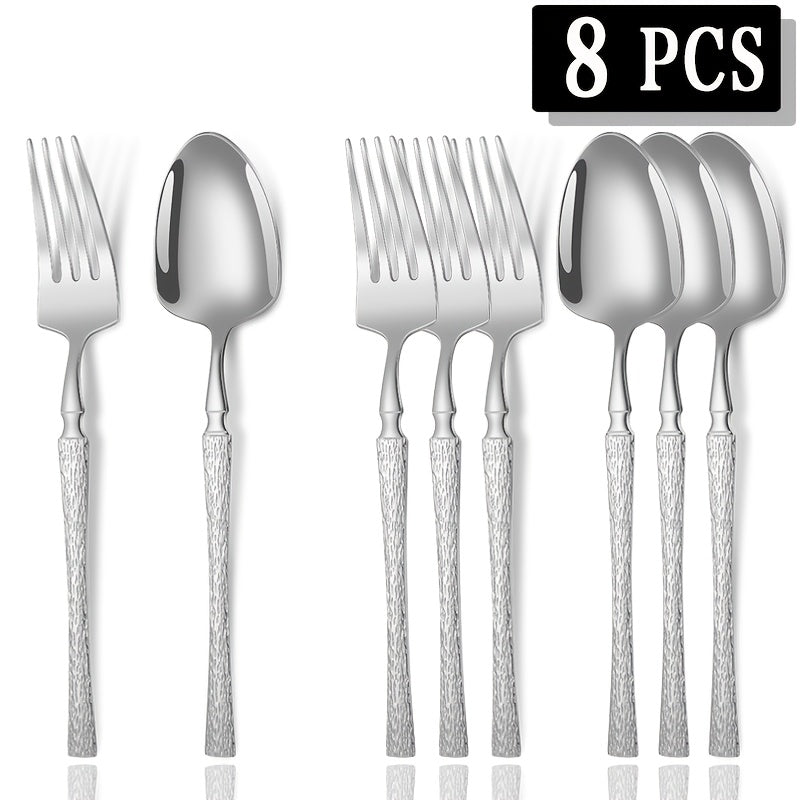 4/8pcs Premium Vertical Stripe Handle Stainless Steel Cutlery Set, Western Dining Utensils, Fork and Spoon Combo, Suitable for Home Kitchen, Hotel Restaurant, Wedding Party, Holidays, Christmas, Easter, Thanksgiving