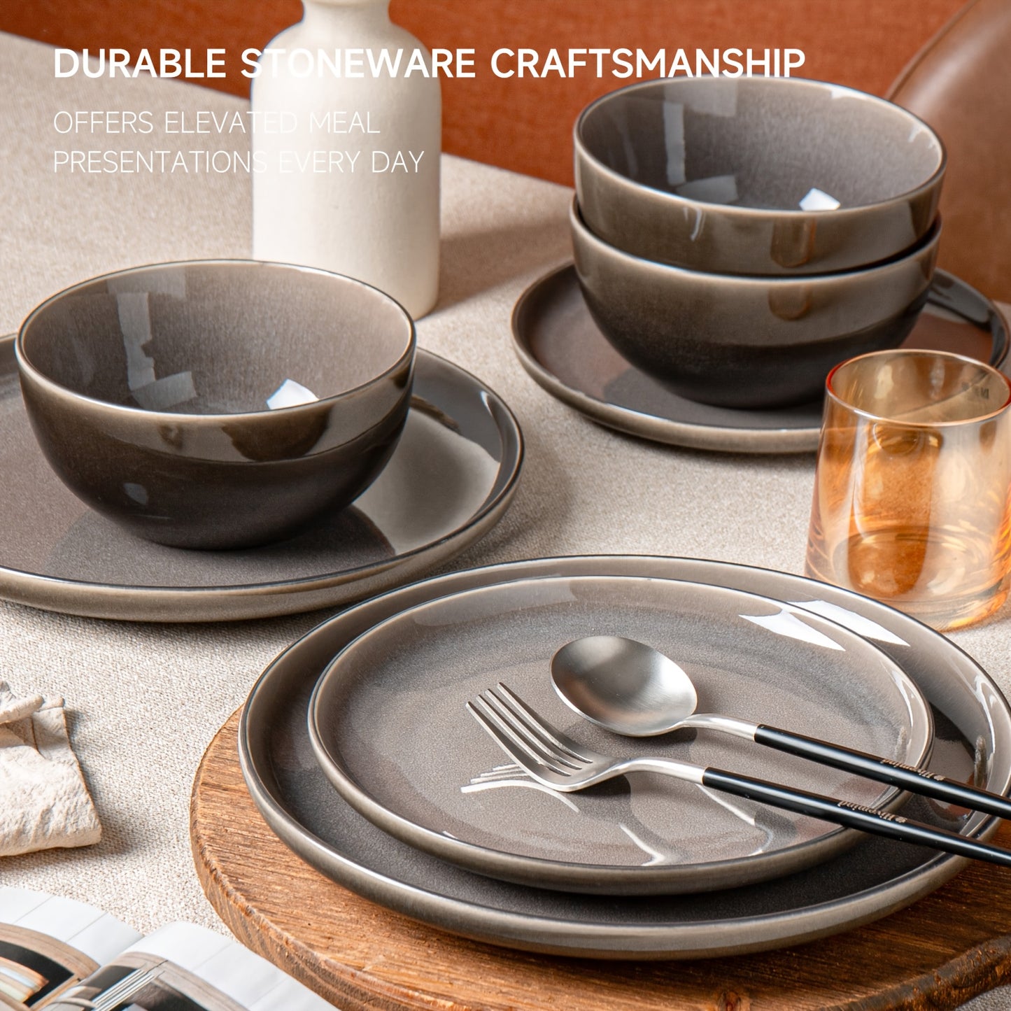 Purple-Gray Reactive Glaze Dinnerware Set (12-Piece) – Ceramic Tableware for 4