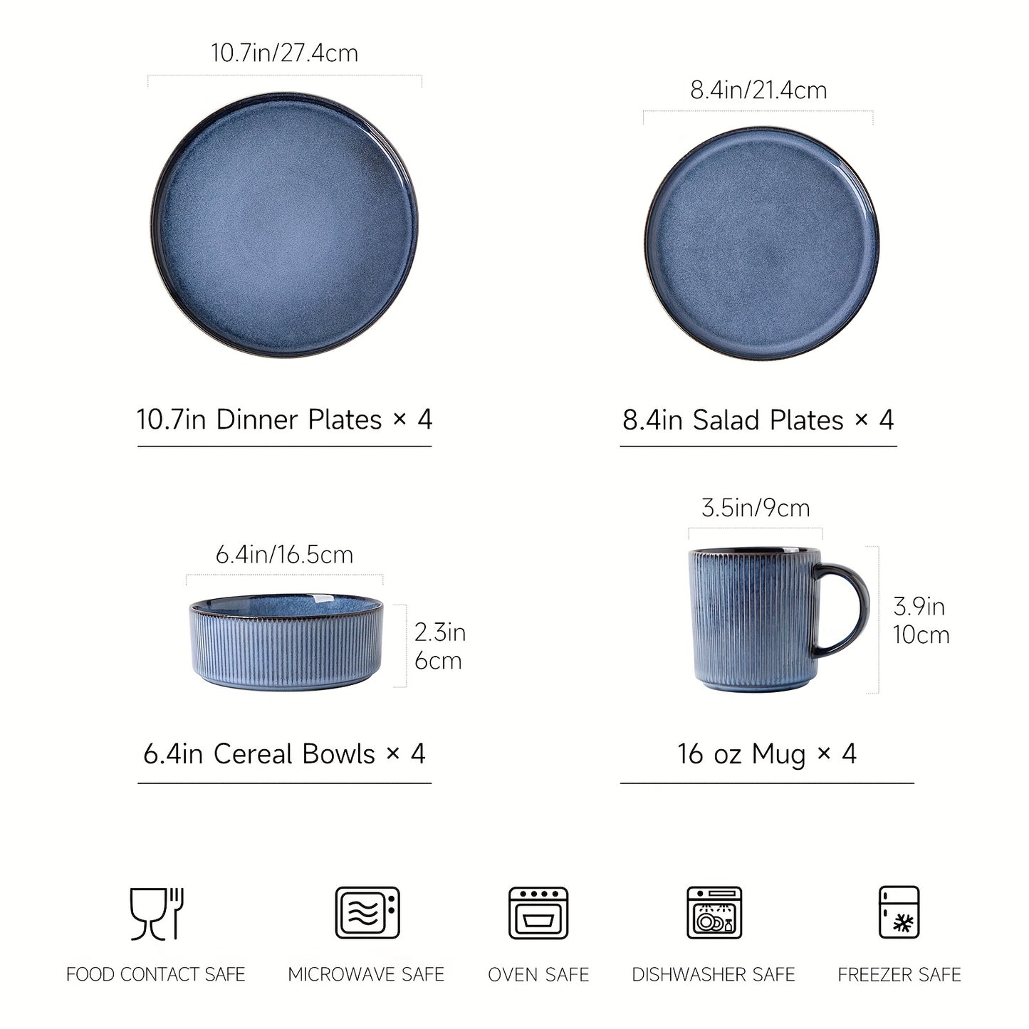 Blue Striped Reactive Glaze Dinnerware Set (16-Piece) – Ceramic Tableware for 4