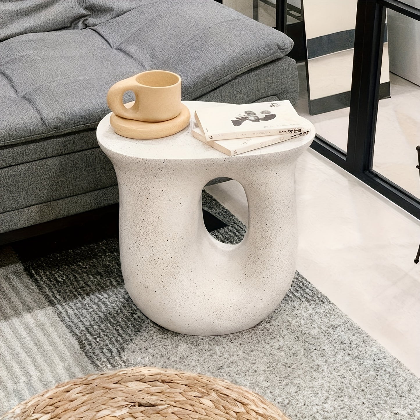 Modern Concrete Garden Stool & Side Table – Terrazzo Accent Plant Table (17.7”)