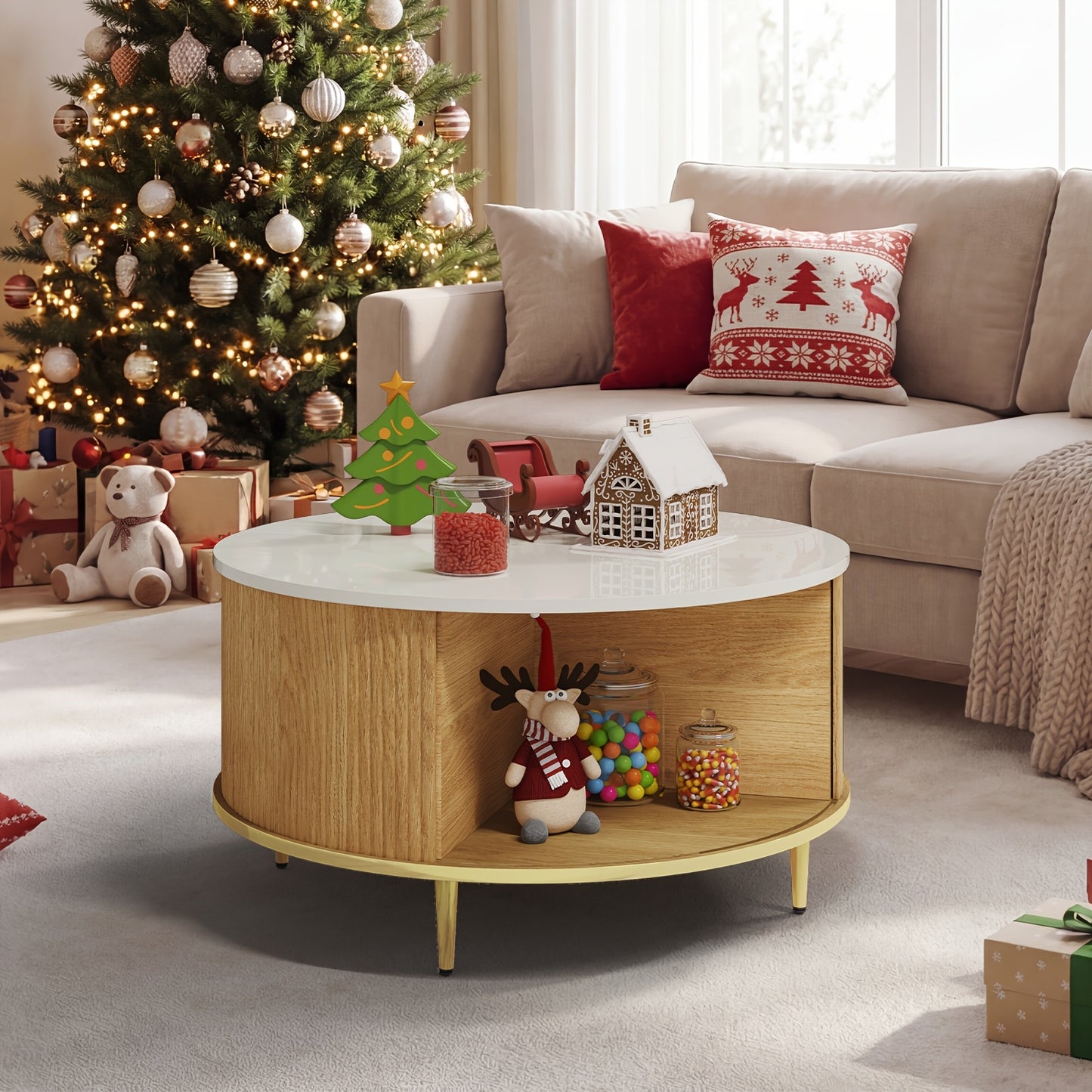 Modern Fluted Drum Coffee Table (31") with Hidden Storage & Sliding Doors – Oak Finish